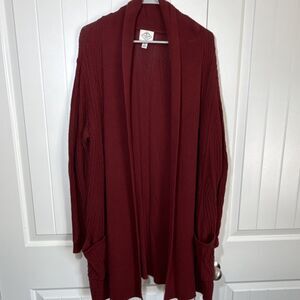 St. John's Bay XL Burg Red Cable Knit Cotton Cardigan Sweater Open Front Pockets